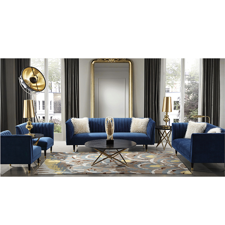 custom living room classic 2 set sofa blue velvet fabric with stainless steel leg