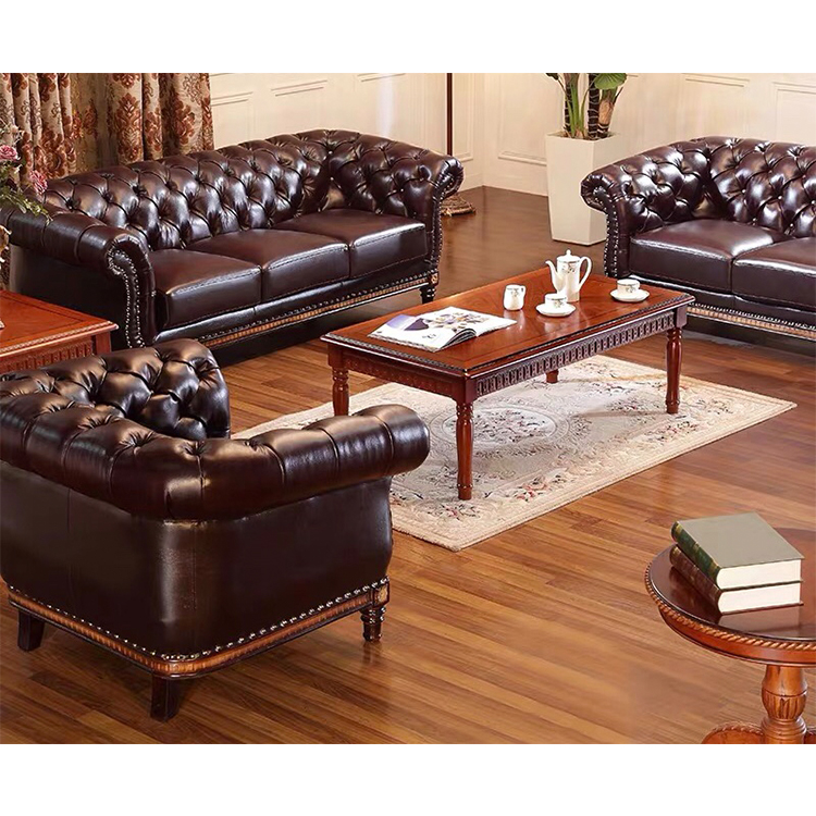 Office 3 2 seater brown European living room furniture sofa set of chesterfield leather sofa