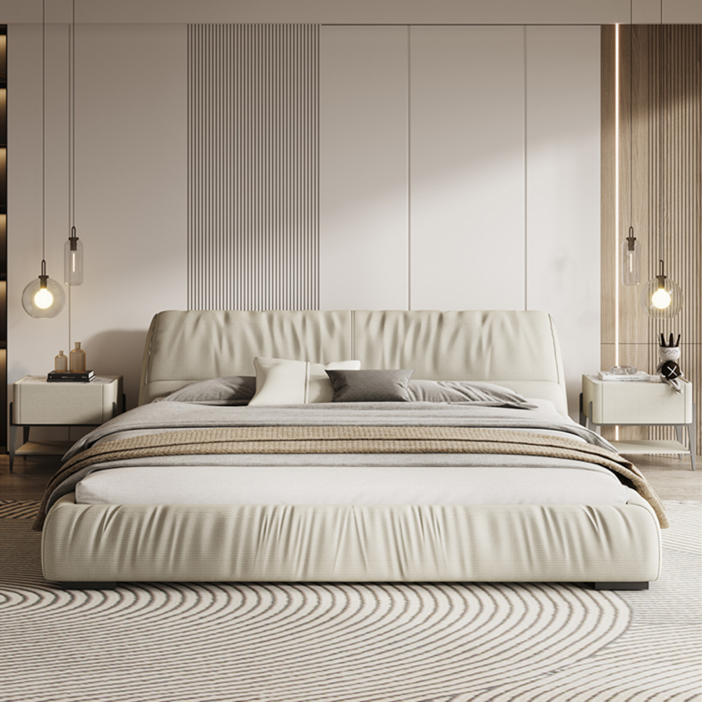 Efrain White Technical Fabric Modern Bed Frame King Size