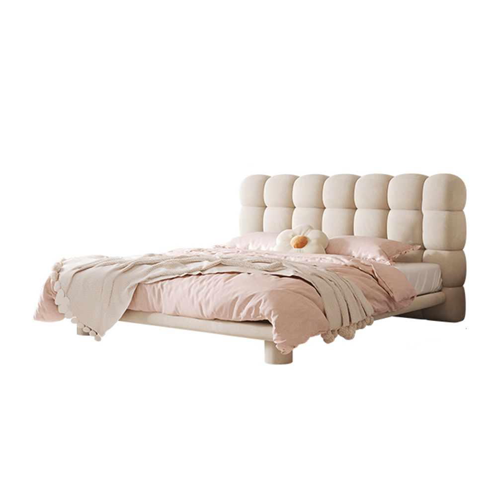 Isra Cream White Fabric Puff Upholstered Bed Frame King Size
