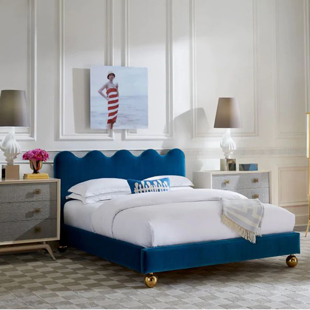 Dangelo Blue Flannelette Bed Frame with Golden Spherical Feet Queen Size