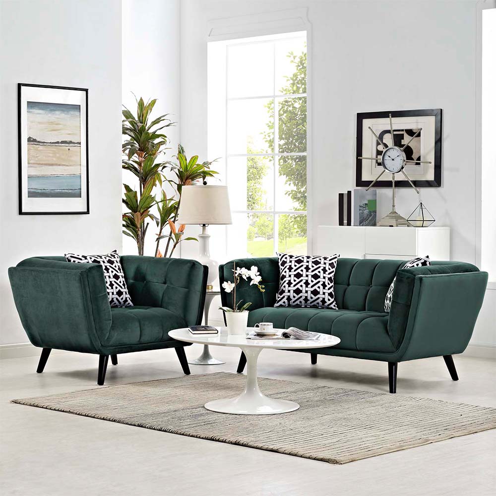 Green Velvet Checkered Sofa 2-Seater Arm Loveseat