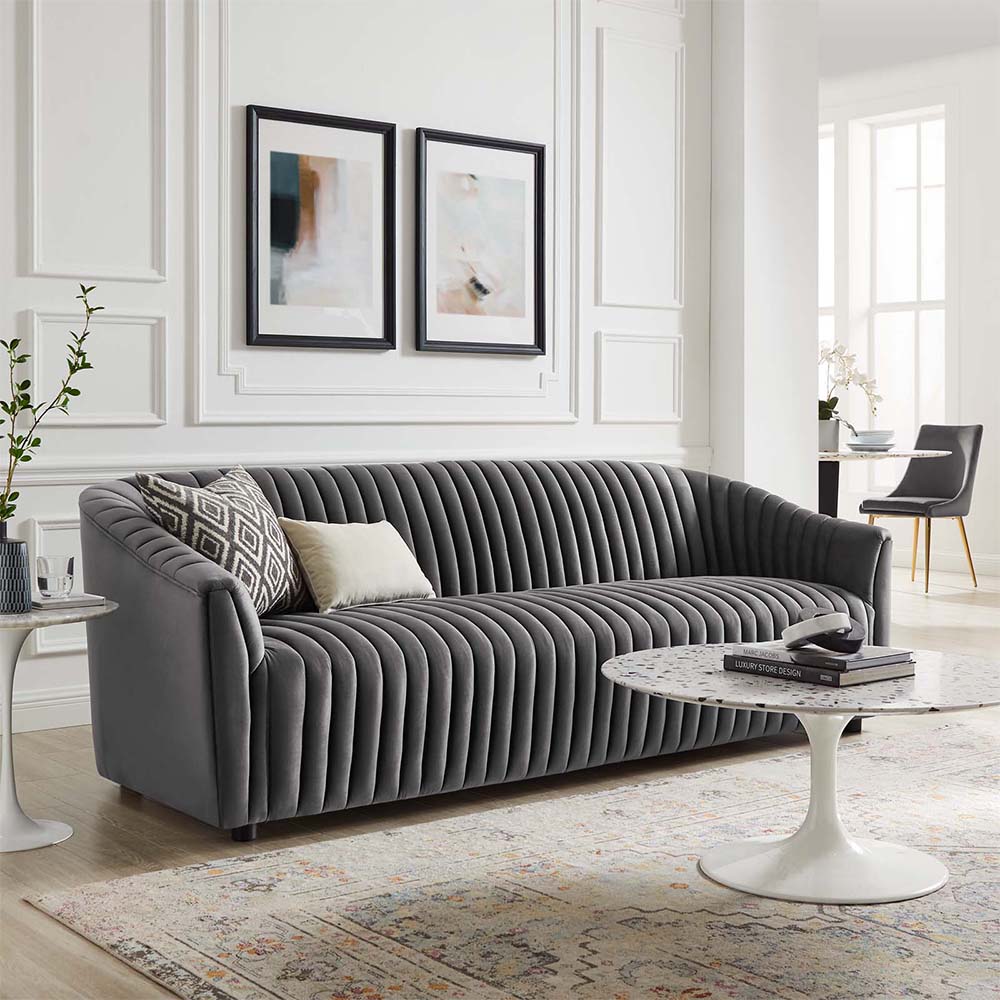 Grey 3-Seater Velvet Tufted Sofa