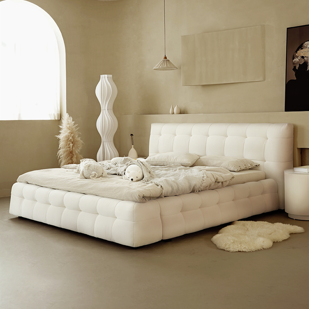 Addie White Boucle Minimalist Modern Bed Frame King Size