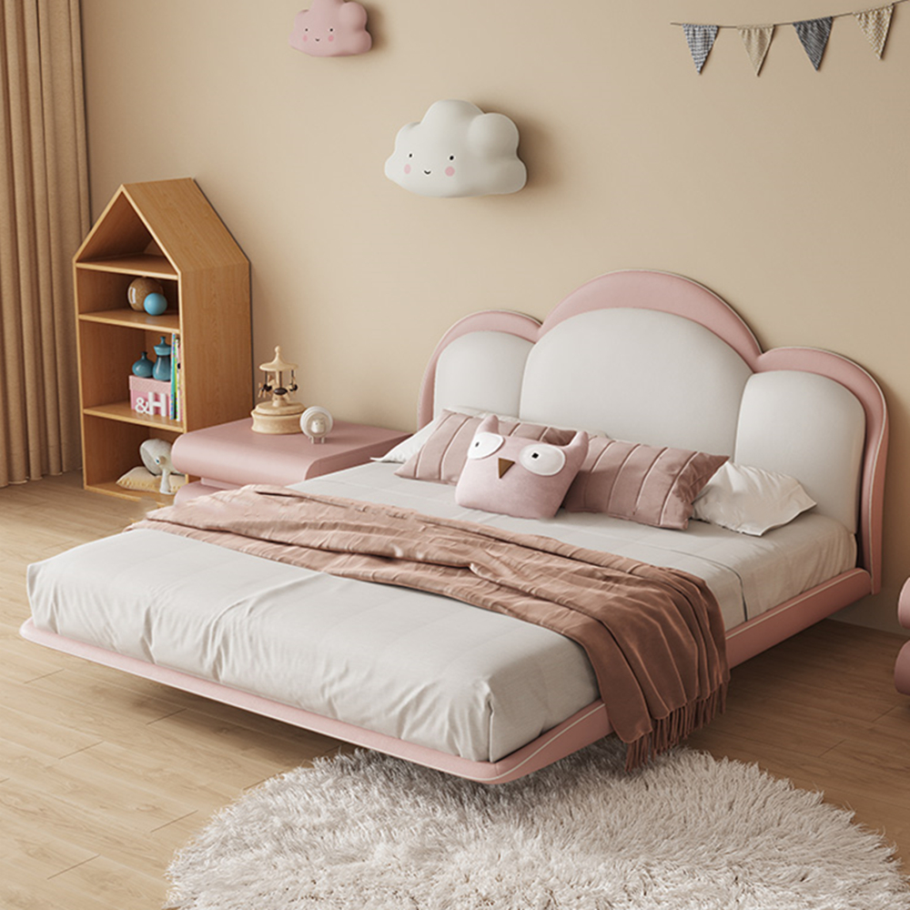 Miya Pink+White Fabric Cloud Shaped Fabric Floating Bed Frame Queen Size