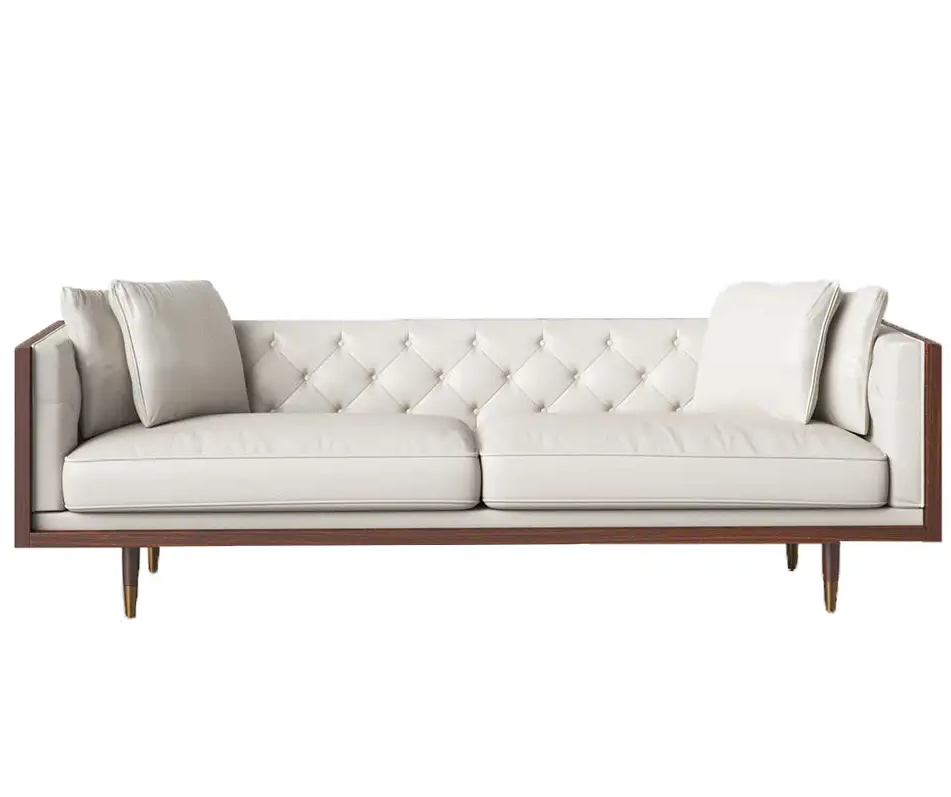 Frank White Leather Sofa 3-Seater White Sofa With 4 Pillows in Gray/Tan/Black