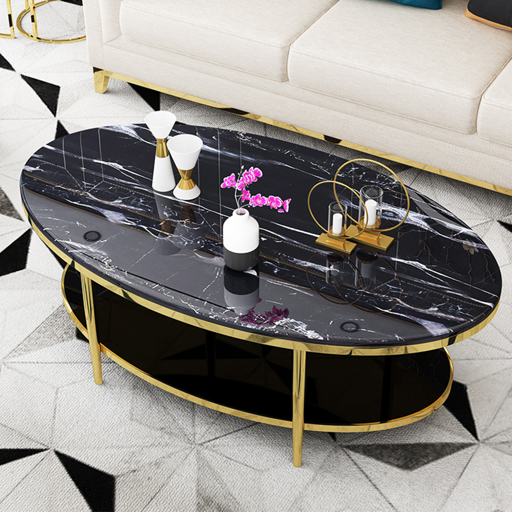  New Design 2 Tier Living Room Furniture steel Side Coffee Table Modern Black Round Coffee Table