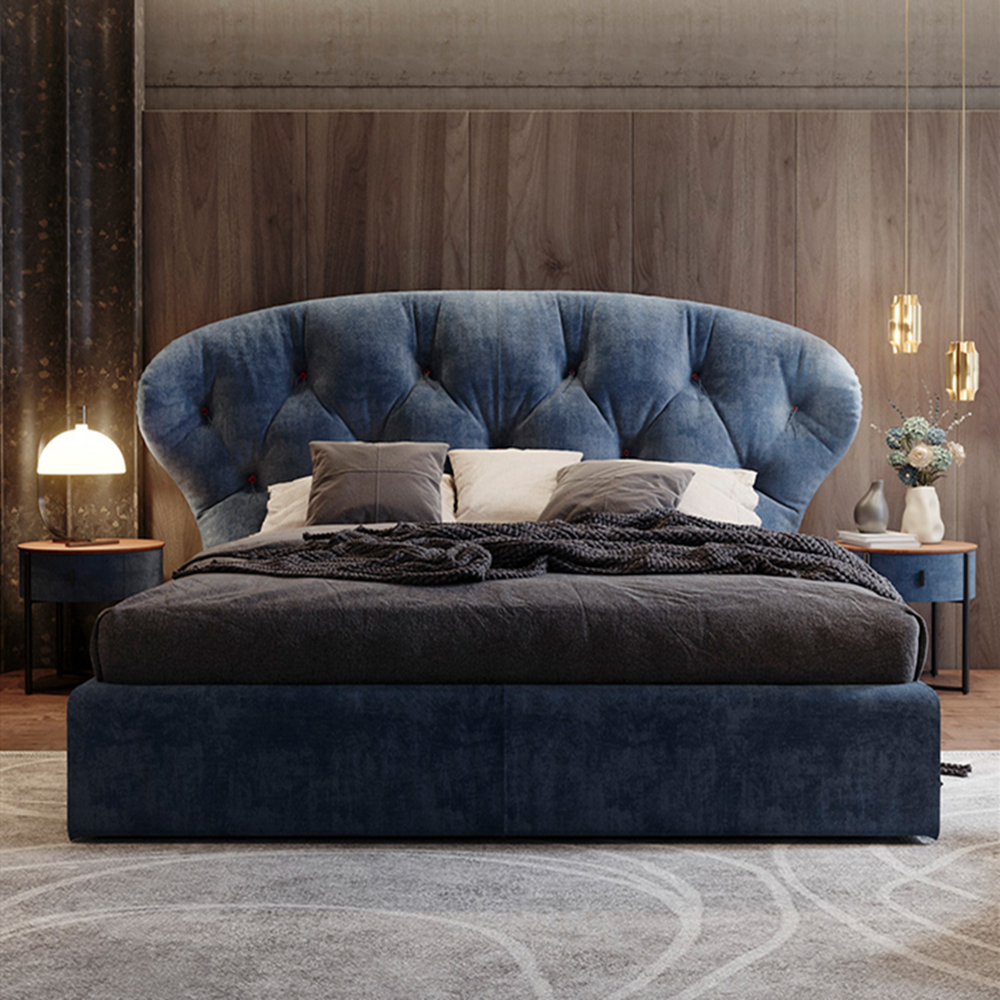 Haden Blue Fabric Wide Headboard Luxury Modern Bed Frame King Size