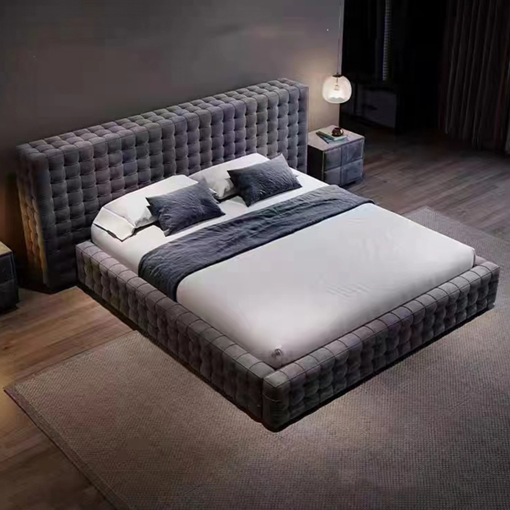 Lattice Blue Modern Upholstered Headboard Bed Frame King Queen Size
