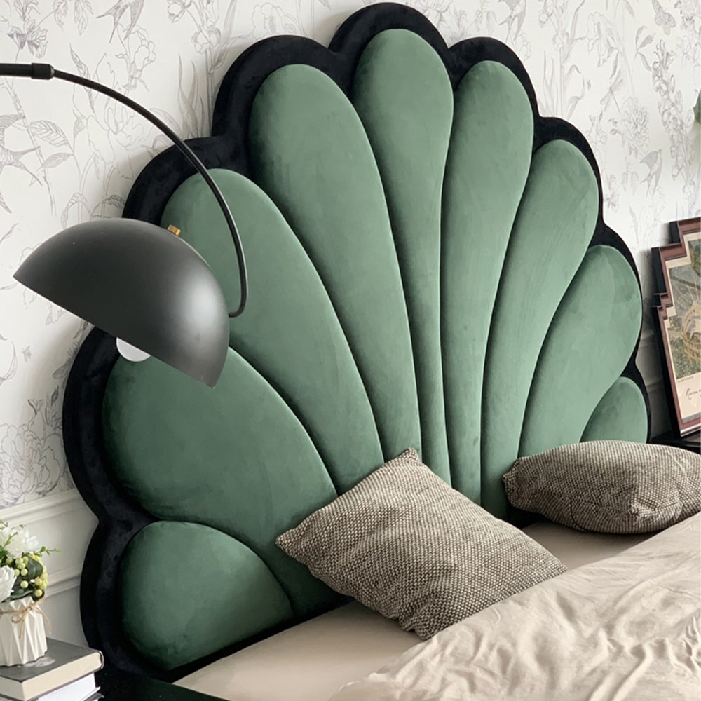 Jeriel Green Velvet Flower Shaped Vintage High Headboard Bed Frame